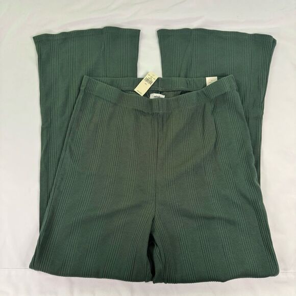 NWT Aerie Green Size L Flared High Waist Kick Flare Ribbed Pants Cropped Cotton - Picture 1 of 12